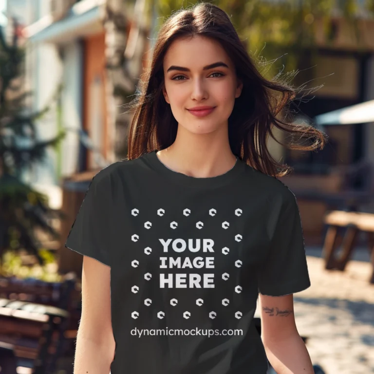 Woman Wearing Black T-shirt Mockup Front View Template