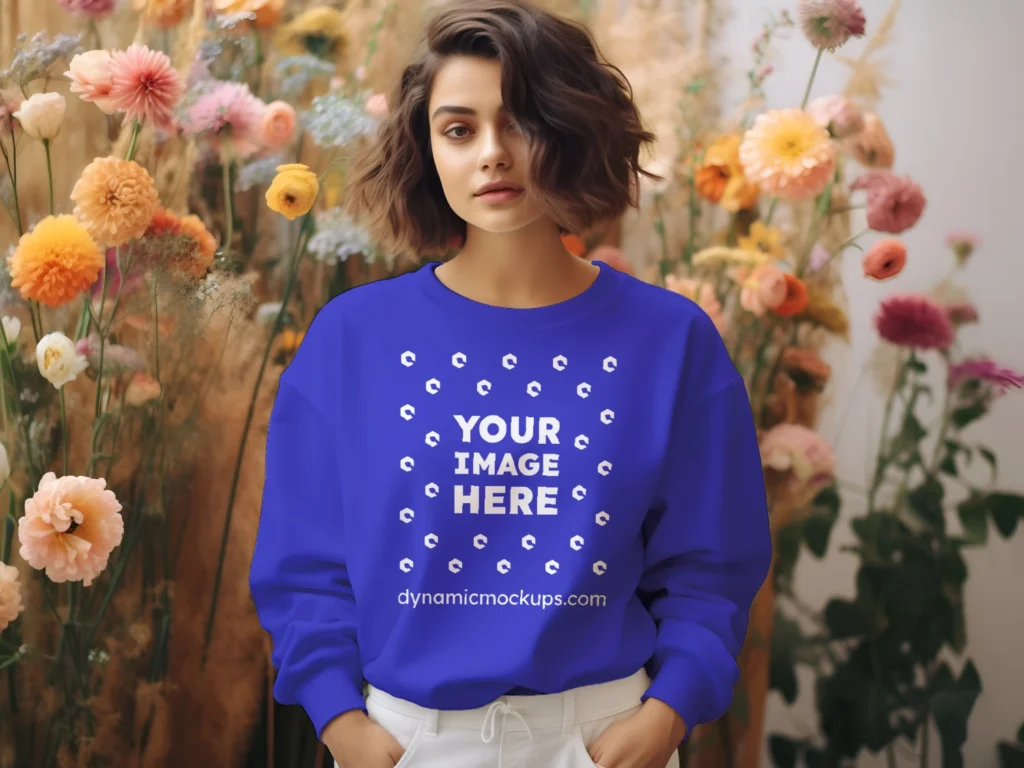 Woman Wearing Blue Sweatshirt Mockup Front View Template