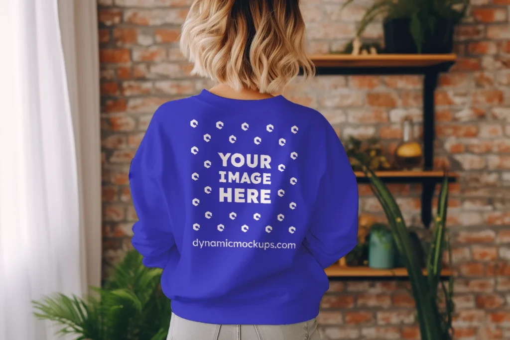 Woman Wearing Blue Sweatshirt Mockup Back View Template