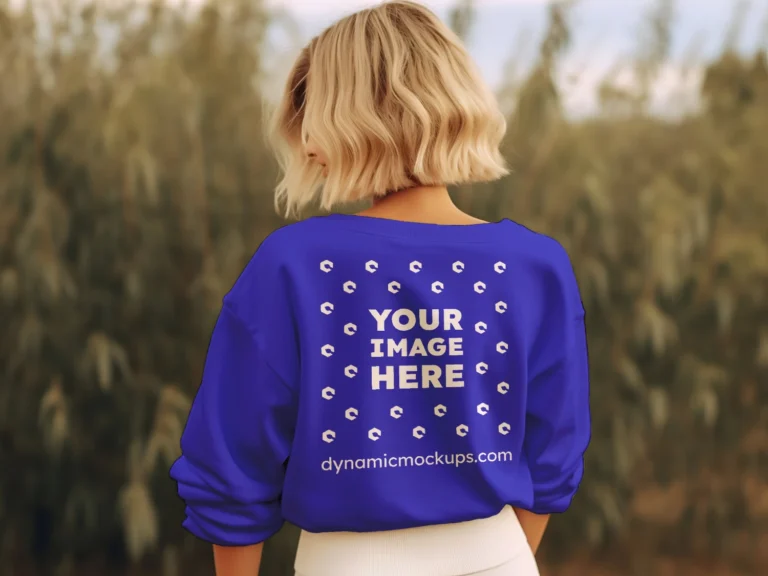 Woman Wearing Blue Sweatshirt Mockup Back View Template