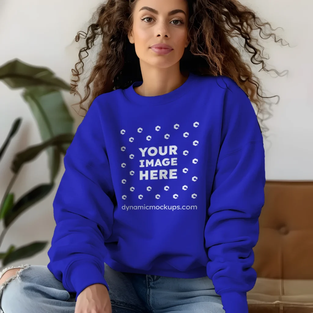 Woman Wearing Blue Sweatshirt Mockup Front View Template