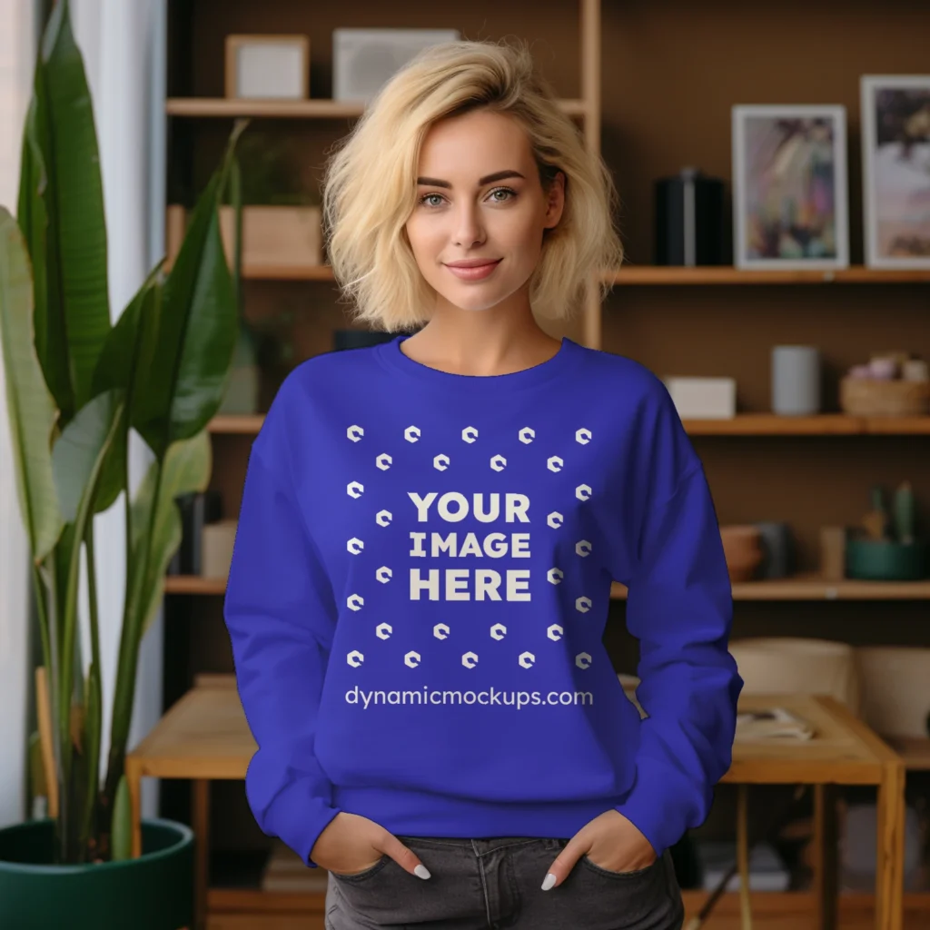 Woman Wearing Blue Sweatshirt Mockup Front View Template