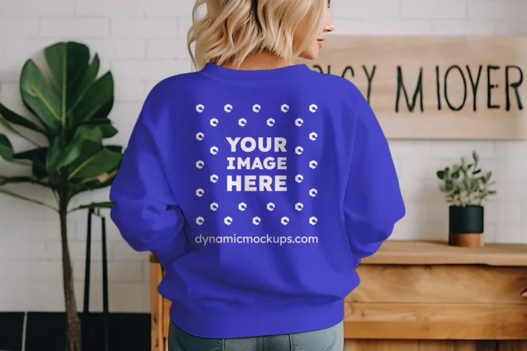 Woman Wearing Blue Sweatshirt Mockup Back View Template