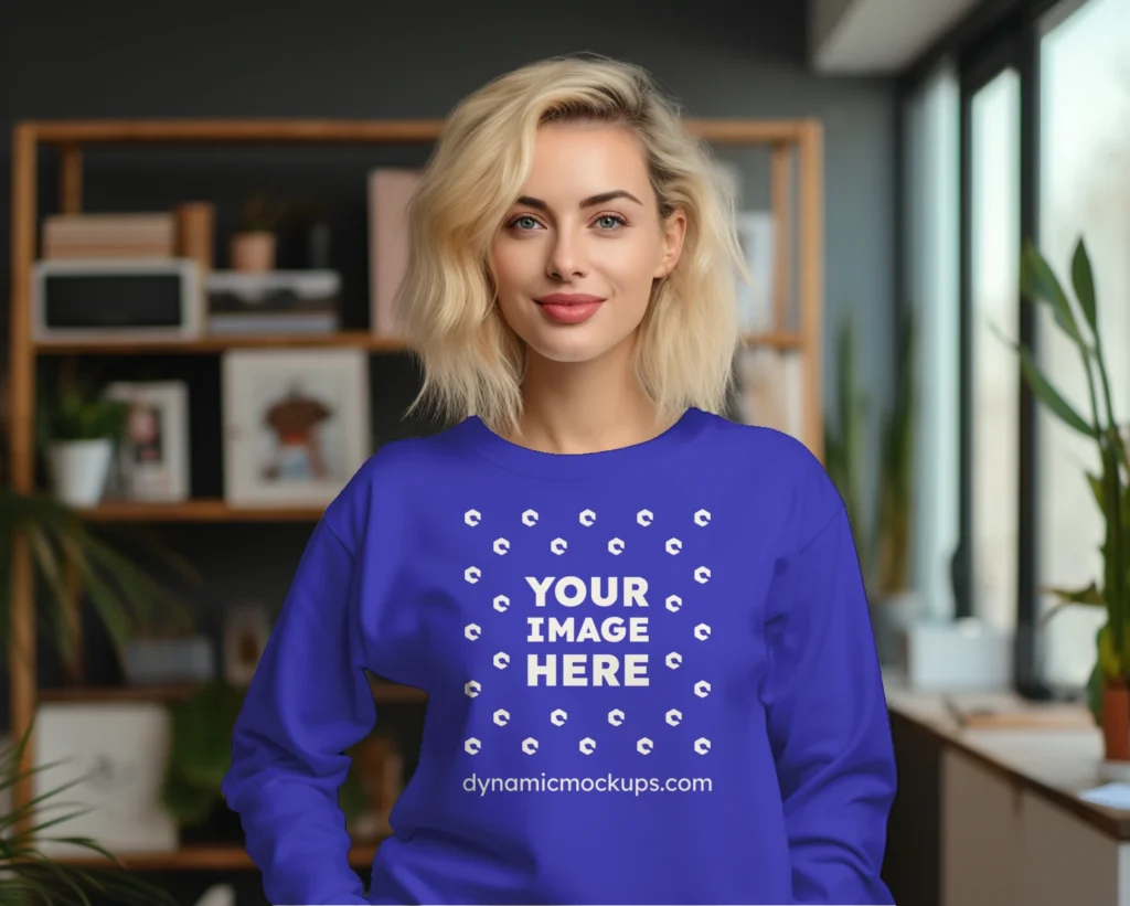 Woman Wearing Blue Sweatshirt Mockup Front View Template