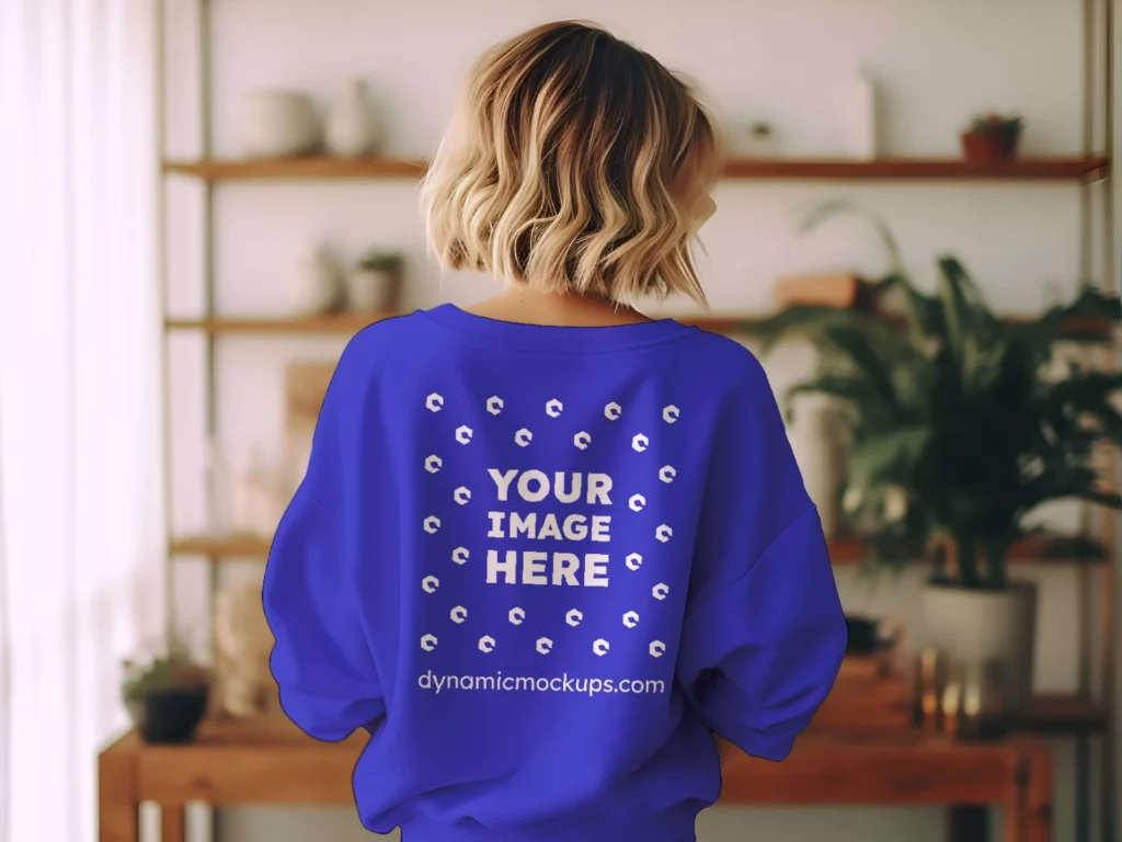 Woman Wearing Blue Sweatshirt Mockup Back View Template