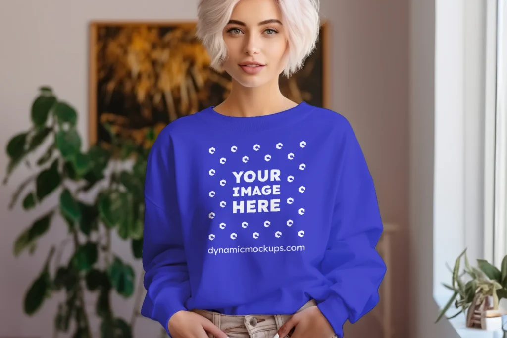 Woman Wearing Blue Sweatshirt Mockup Front View Template