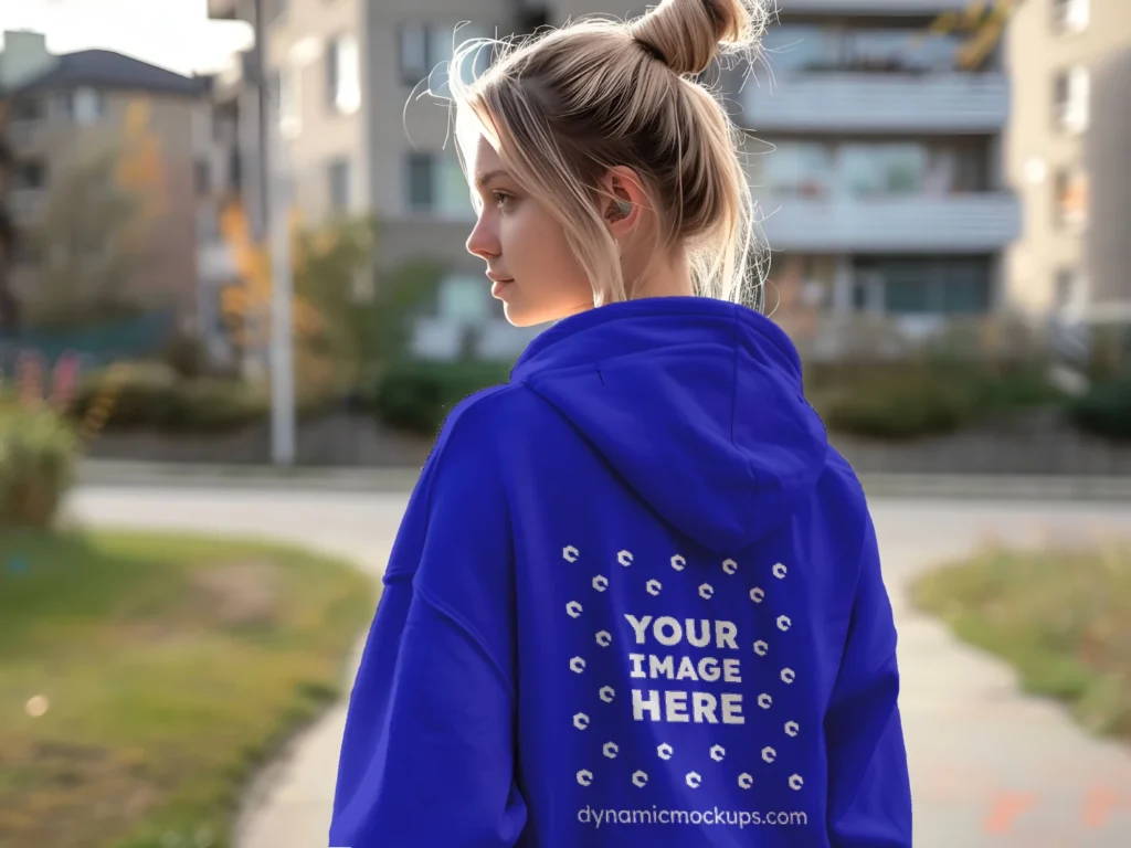 Woman Wearing Blue Hoodie Mockup Back View Template