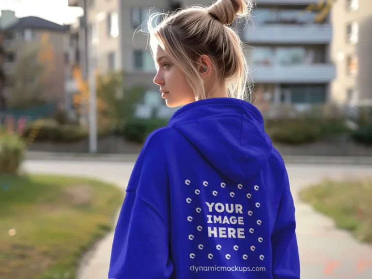 Woman Wearing Blue Hoodie Mockup Back View Template