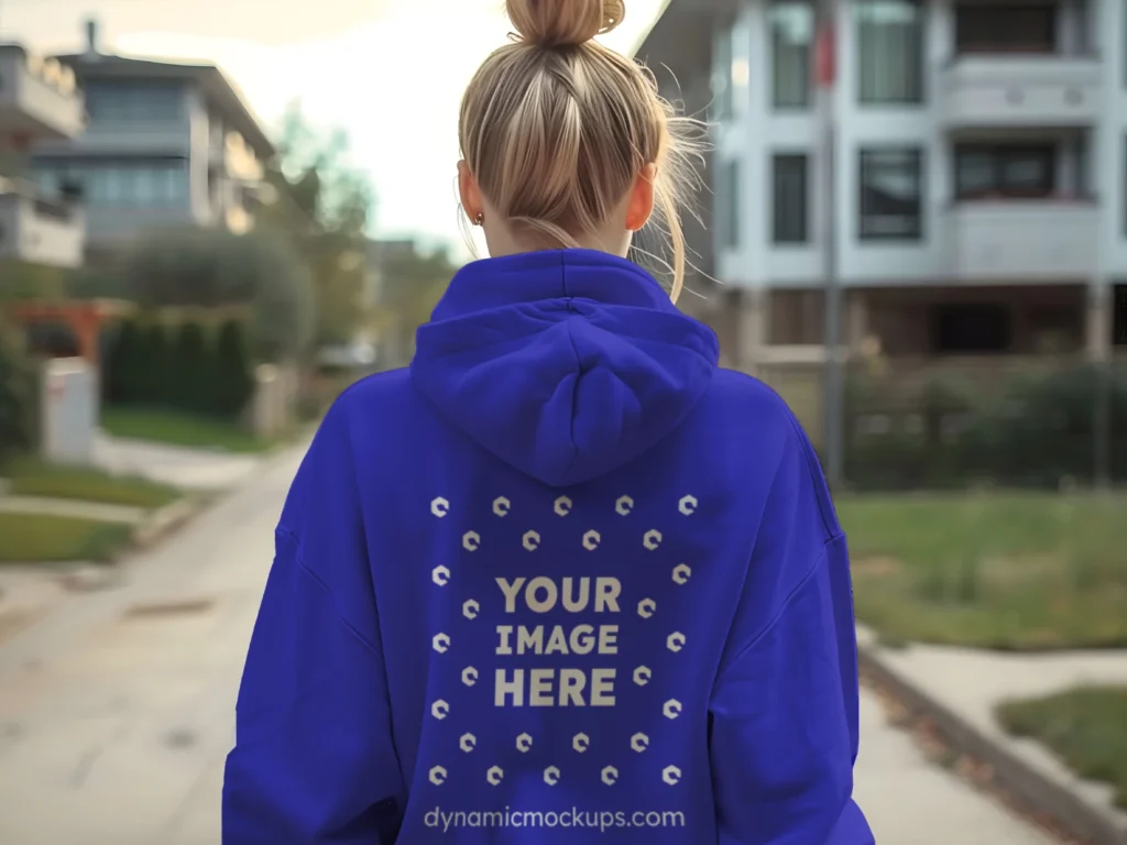 Woman Wearing Blue Hoodie Mockup Back View Template