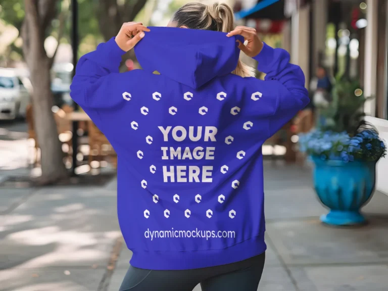 Woman Wearing Blue Hoodie Mockup Back View Template