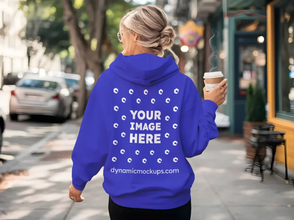 Woman Wearing Blue Hoodie Mockup Back View Template