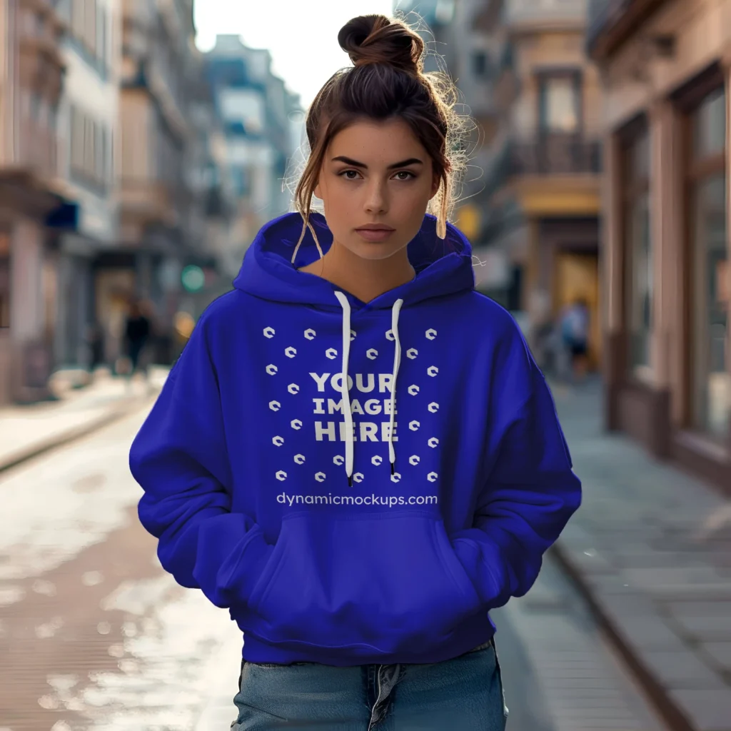 Woman Wearing Blue Hoodie Mockup Front View Template