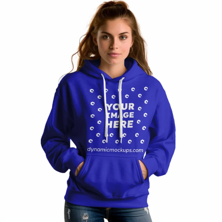 Woman Wearing Blue Hoodie Mockup Front View Template