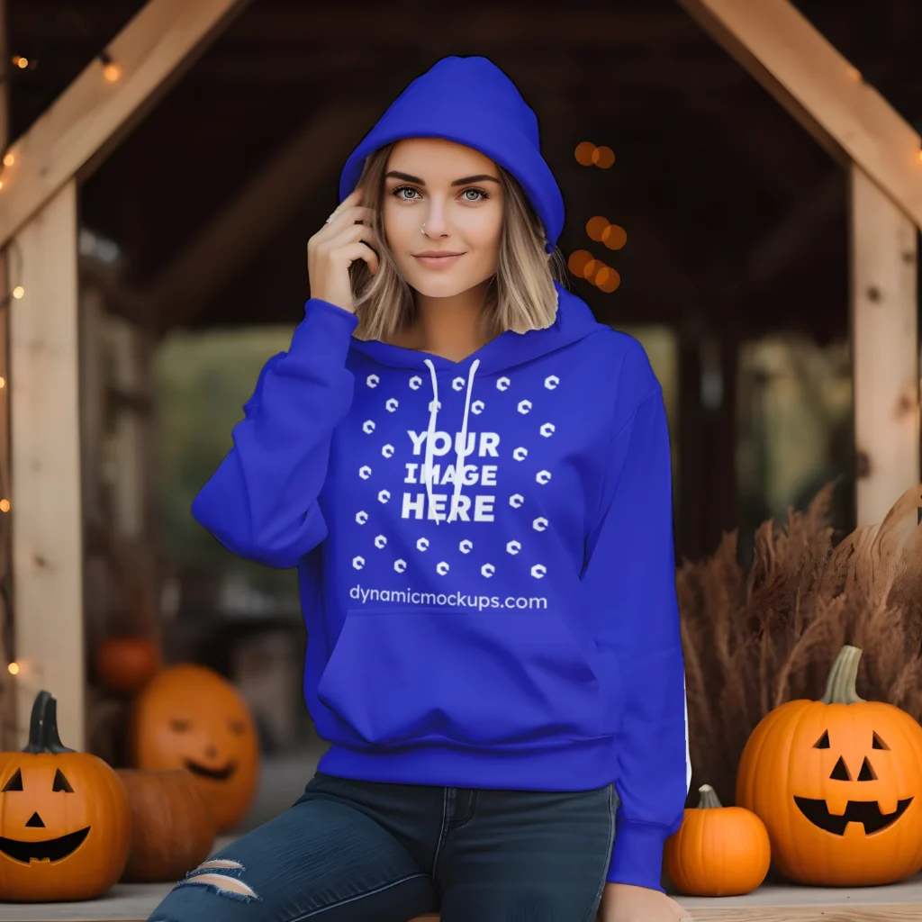 Woman Wearing Blue Hoodie Mockup Front View Template