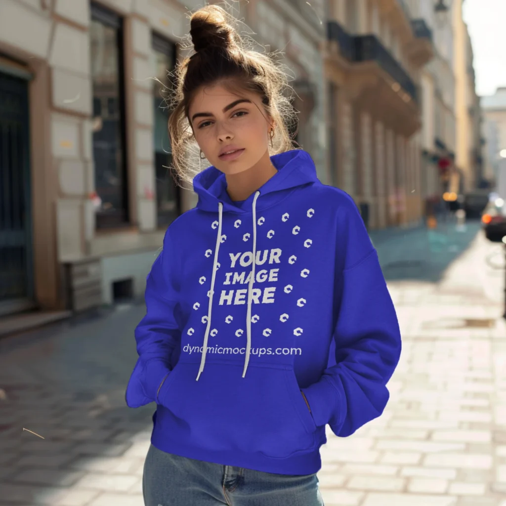 Woman Wearing Blue Hoodie Mockup Front View Template