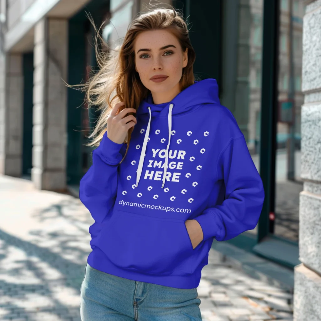 Woman Wearing Blue Hoodie Mockup Front View Template