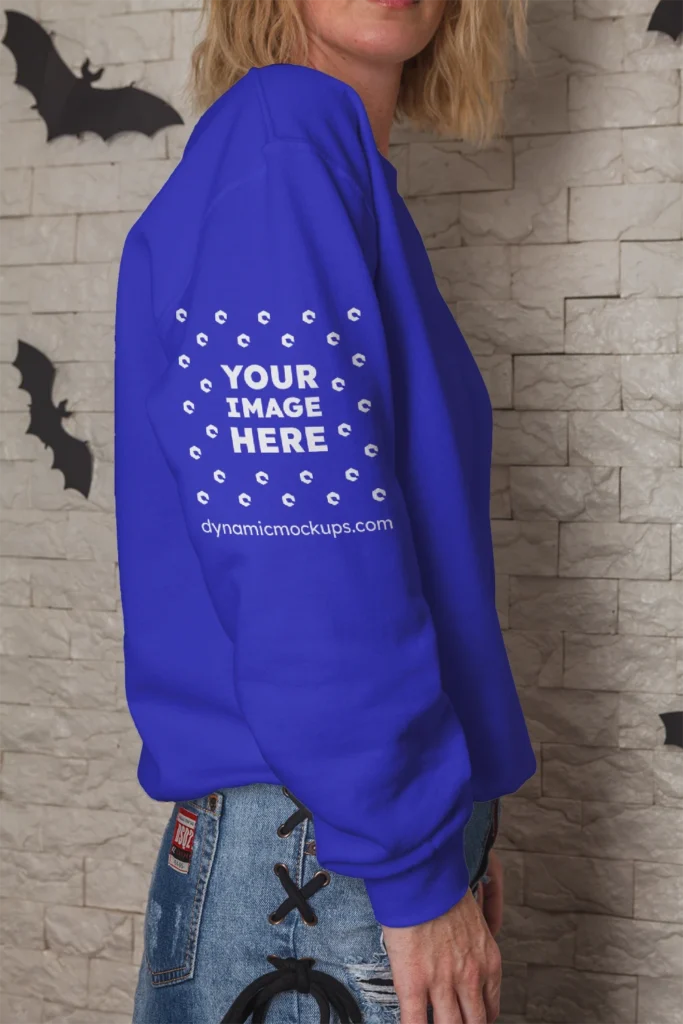 Woman Wearing Blue Hoodie Mockup Side View Template