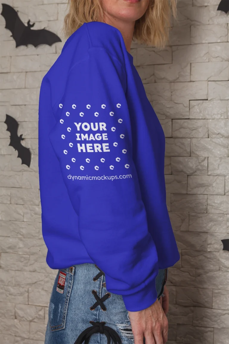 Woman Wearing Blue Hoodie Mockup Side View Template