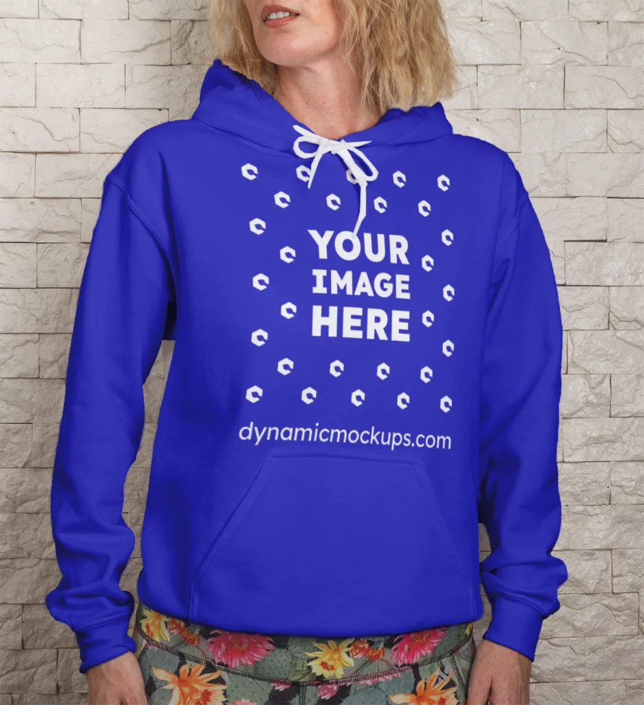 Woman Wearing Blue Hoodie Mockup Front View Template