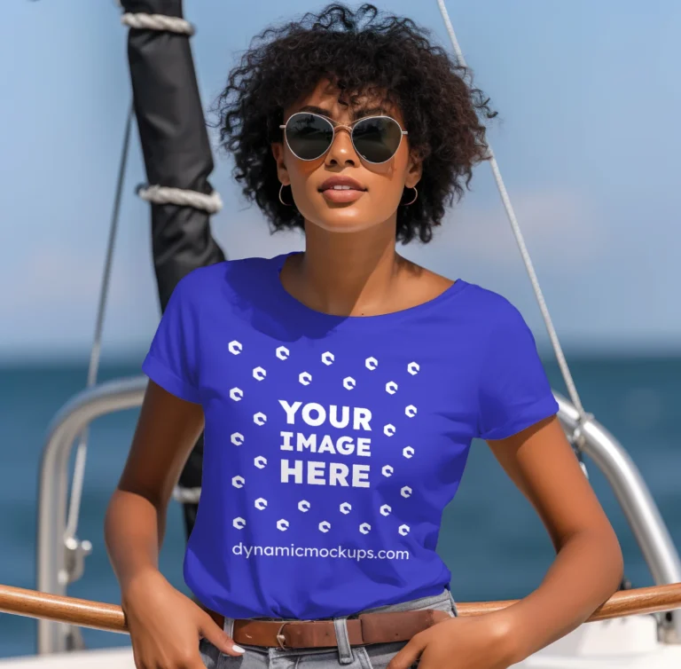 Woman Wearing Blue T-shirt Mockup Front View Template