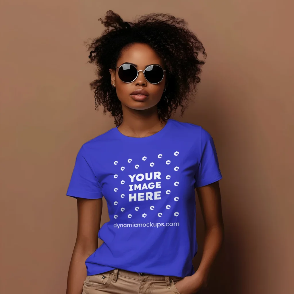 Woman Wearing Blue T-shirt Mockup Front View Template