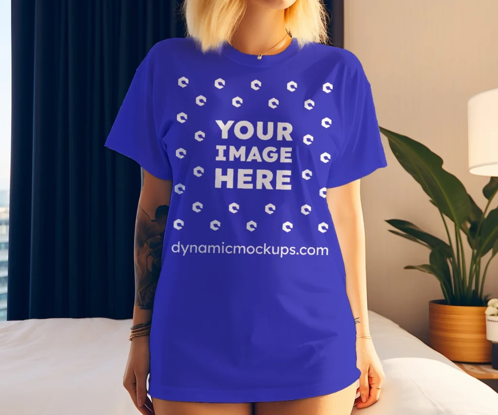 Woman Wearing Blue T-shirt Mockup Front View Template