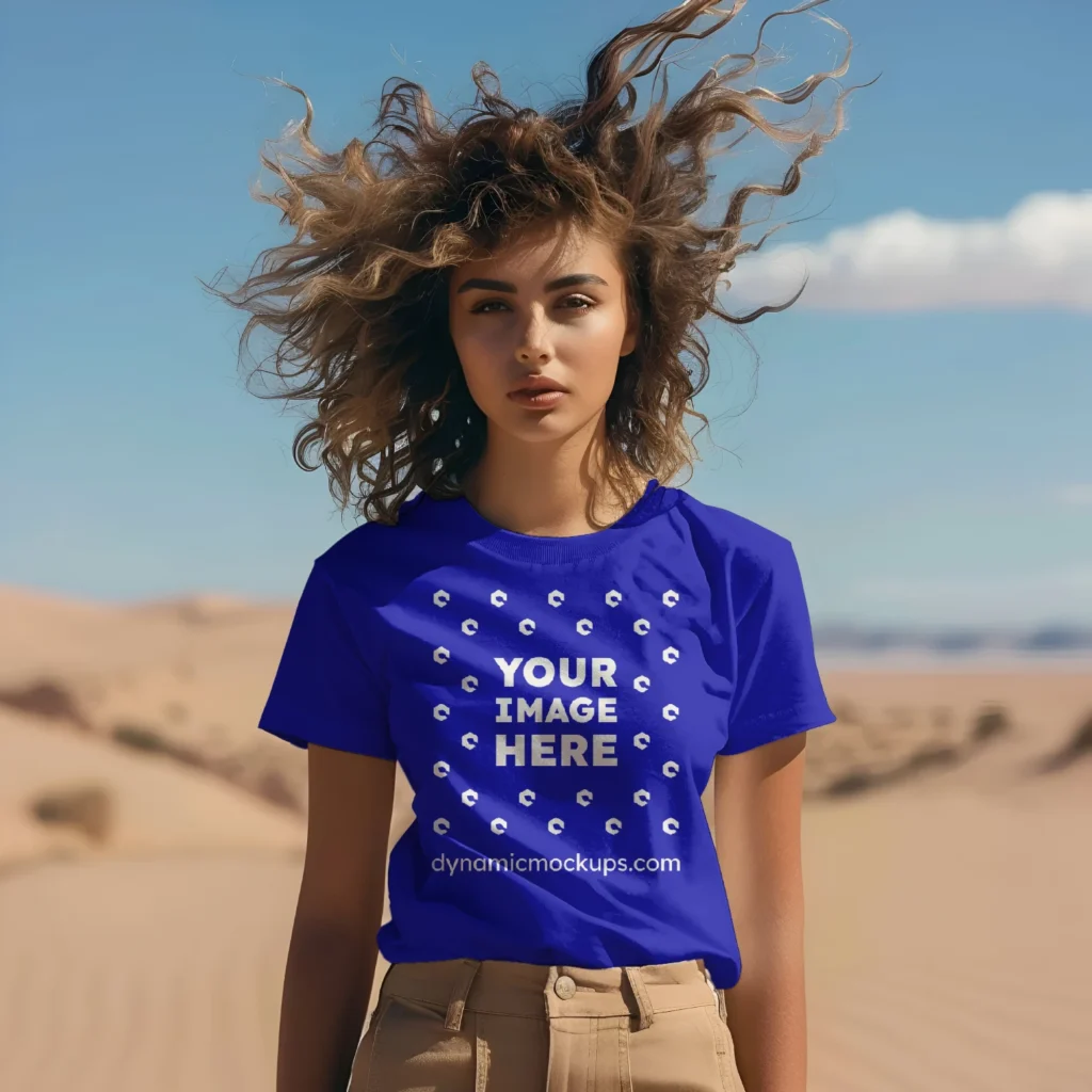 Woman Wearing Blue T-shirt Mockup Front View Template