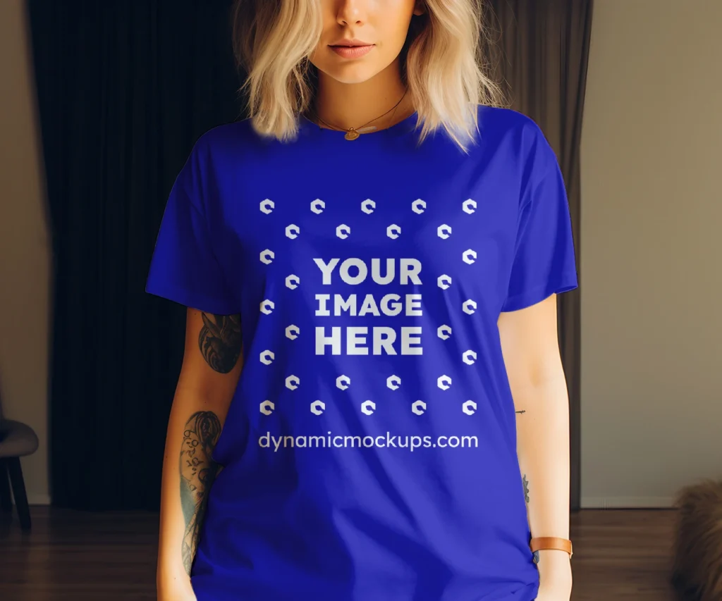 Woman Wearing Blue T-shirt Mockup Front View Template