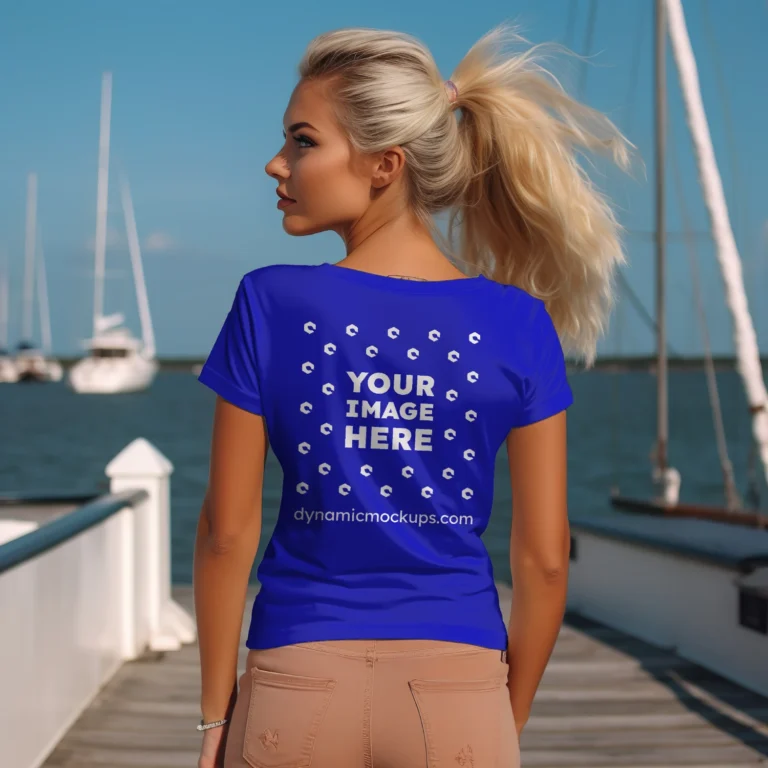 Woman Wearing Blue T-shirt Mockup Back View Template