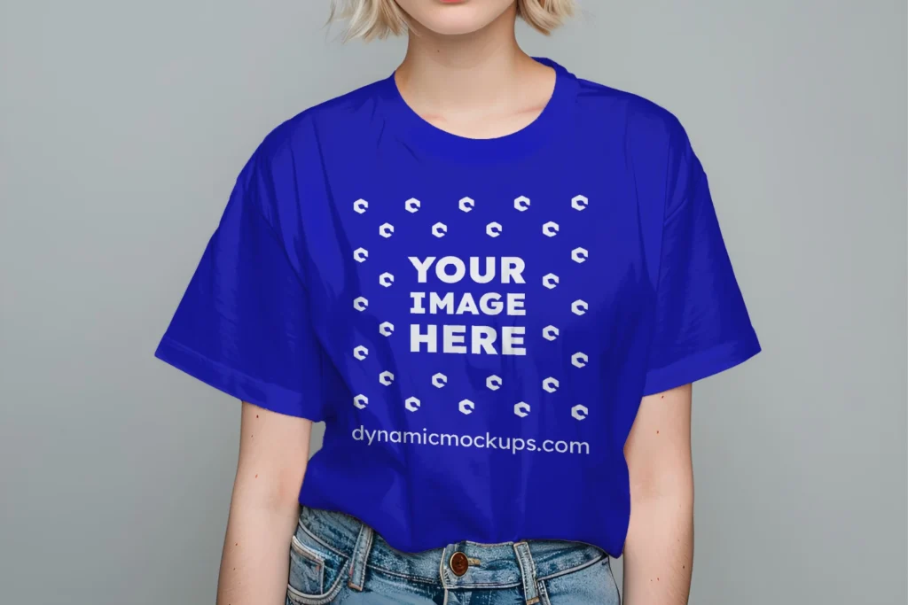 Woman Wearing Blue T-shirt Mockup Front View Template