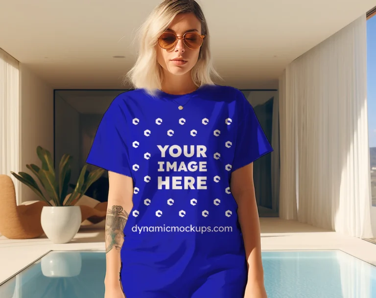 Woman Wearing Blue T-shirt Mockup Front View Template