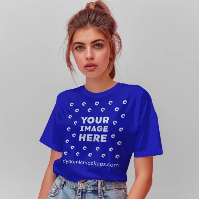 Woman Wearing Blue T-shirt Mockup Front View Template