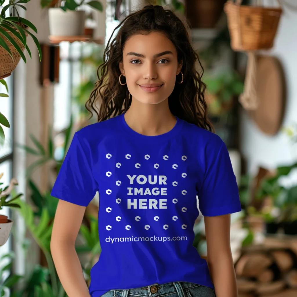 Woman Wearing Blue T-shirt Mockup Front View Template