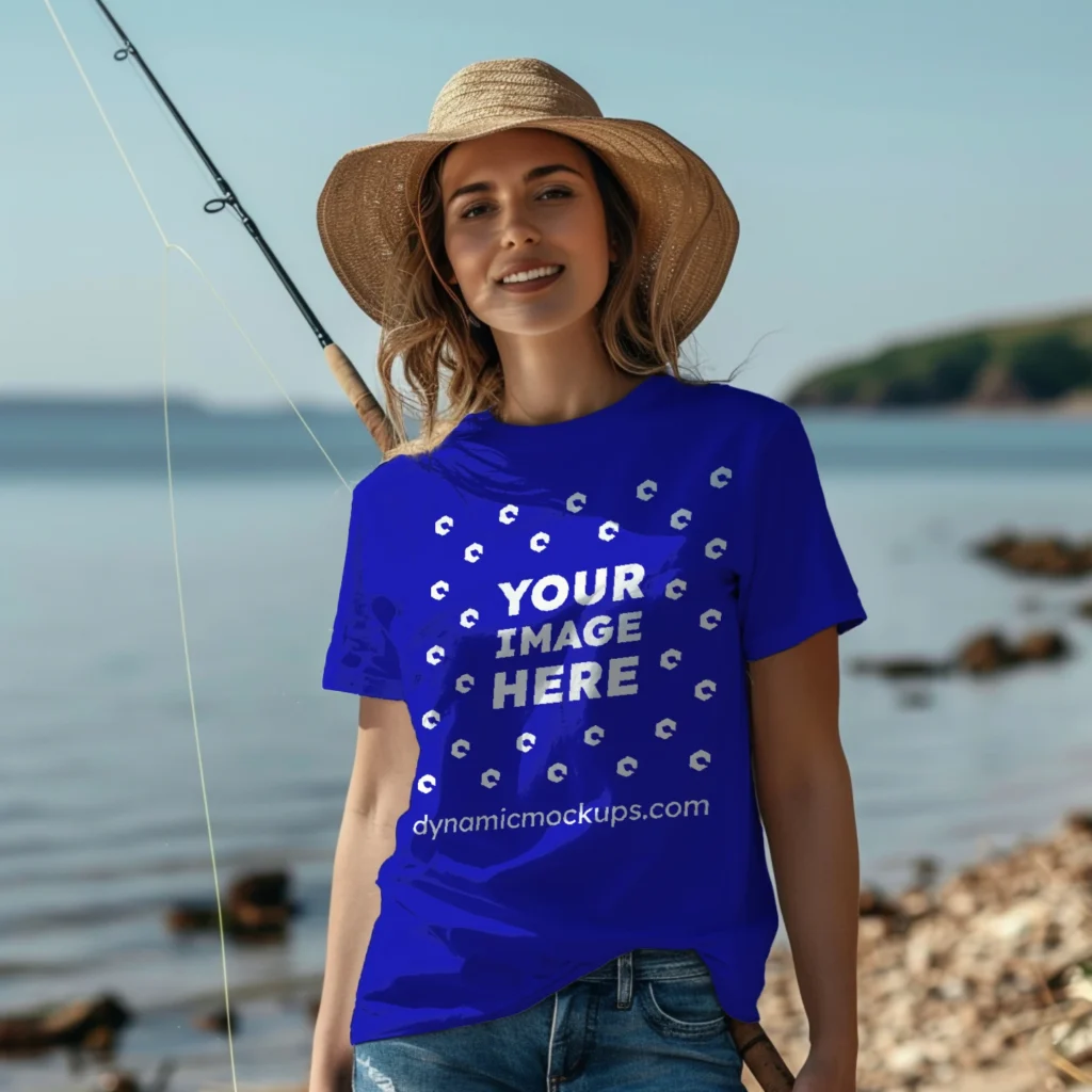 Woman Wearing Blue T-shirt Mockup Front View Template