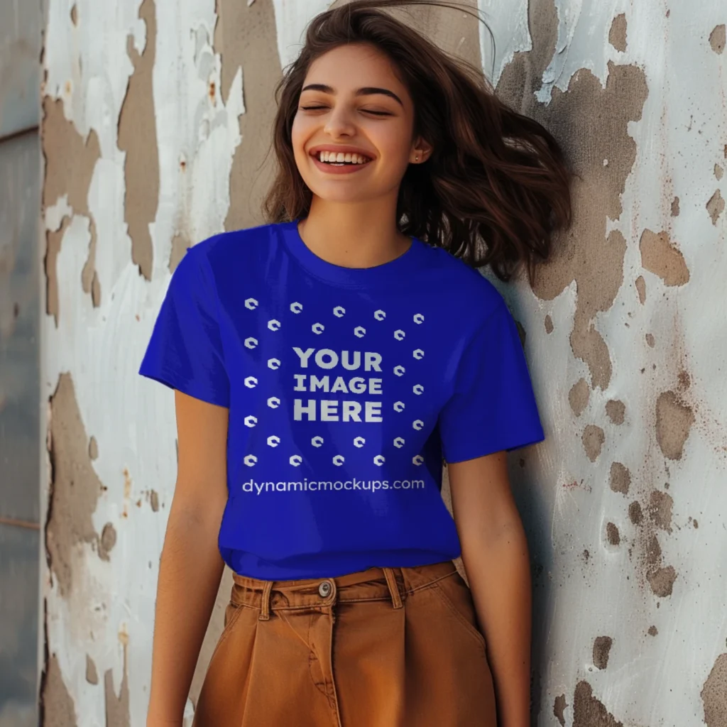 Woman Wearing Blue T-shirt Mockup Front View Template