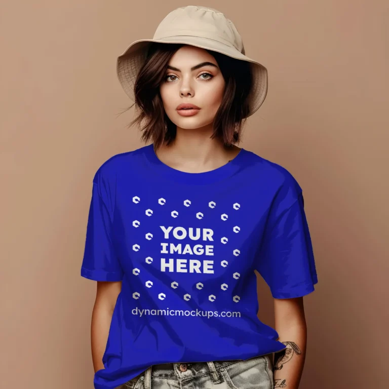 Woman Wearing Blue T-shirt Mockup Front View Template