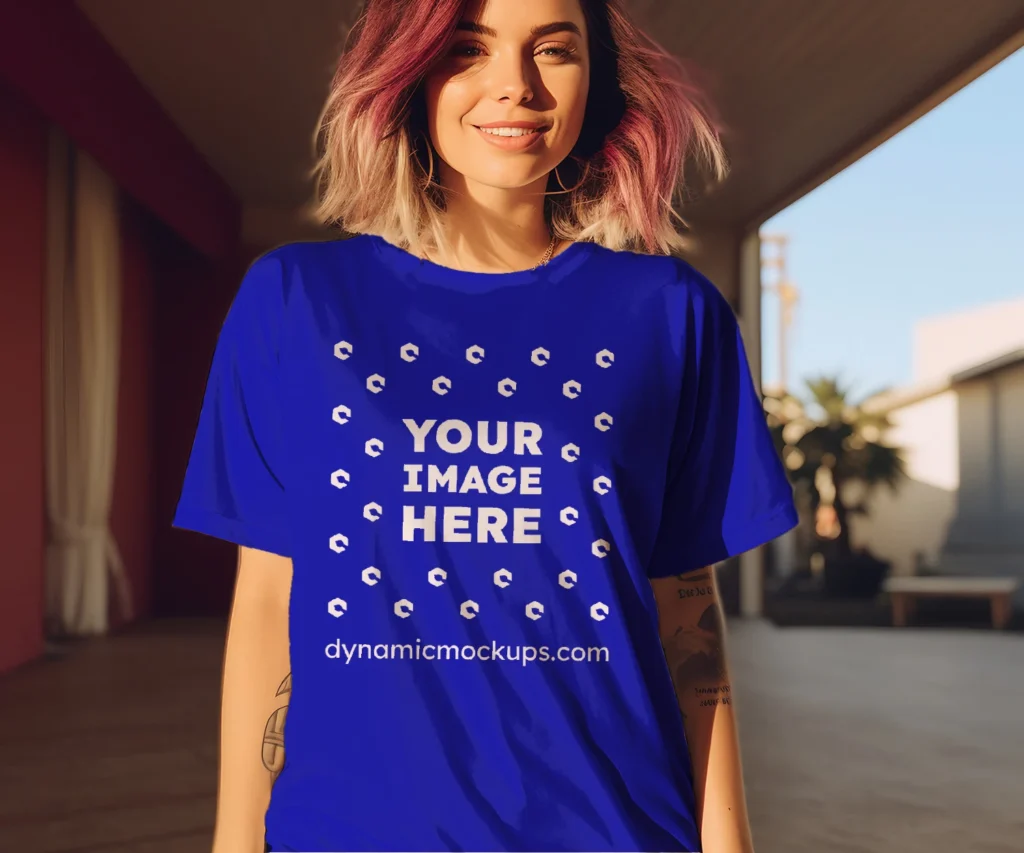 Woman Wearing Blue T-shirt Mockup Front View Template