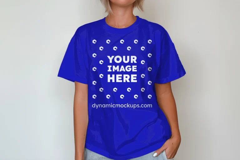 Woman Wearing Blue T-shirt Mockup Front View Template