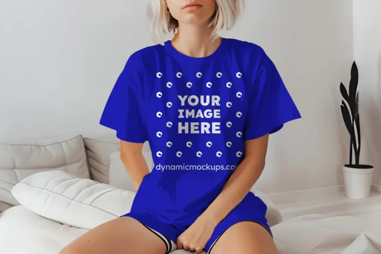 Woman Wearing Blue T-shirt Mockup Front View Template