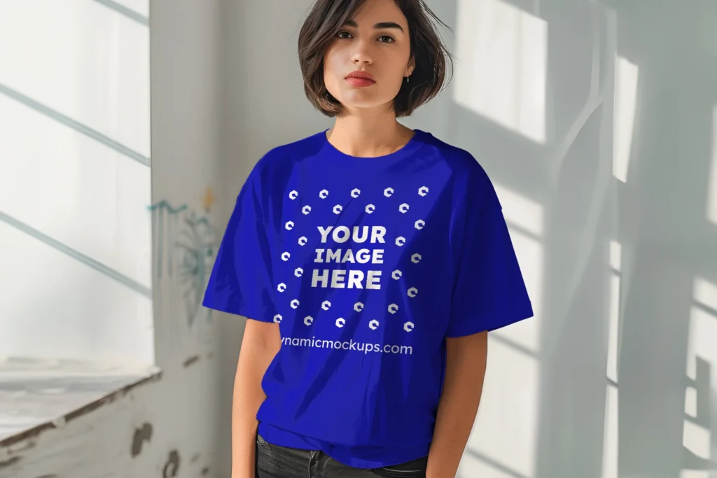 Woman Wearing Blue T-shirt Mockup Front View Template