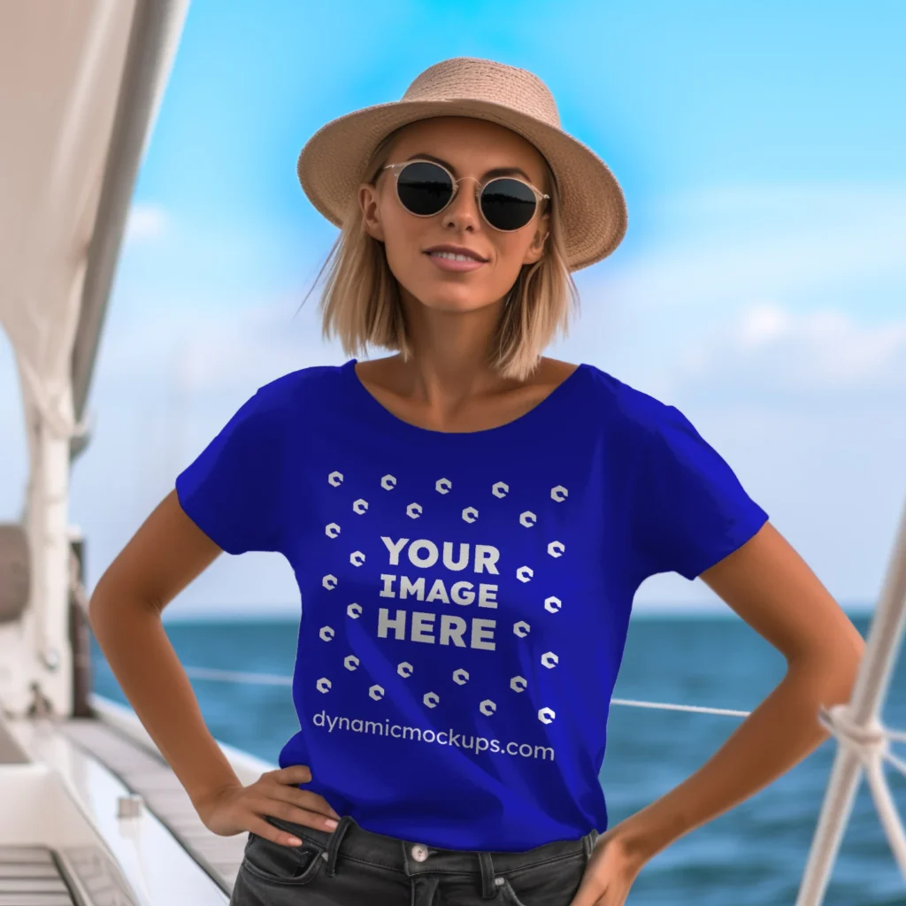 Woman Wearing Blue T-shirt Mockup Front View Template