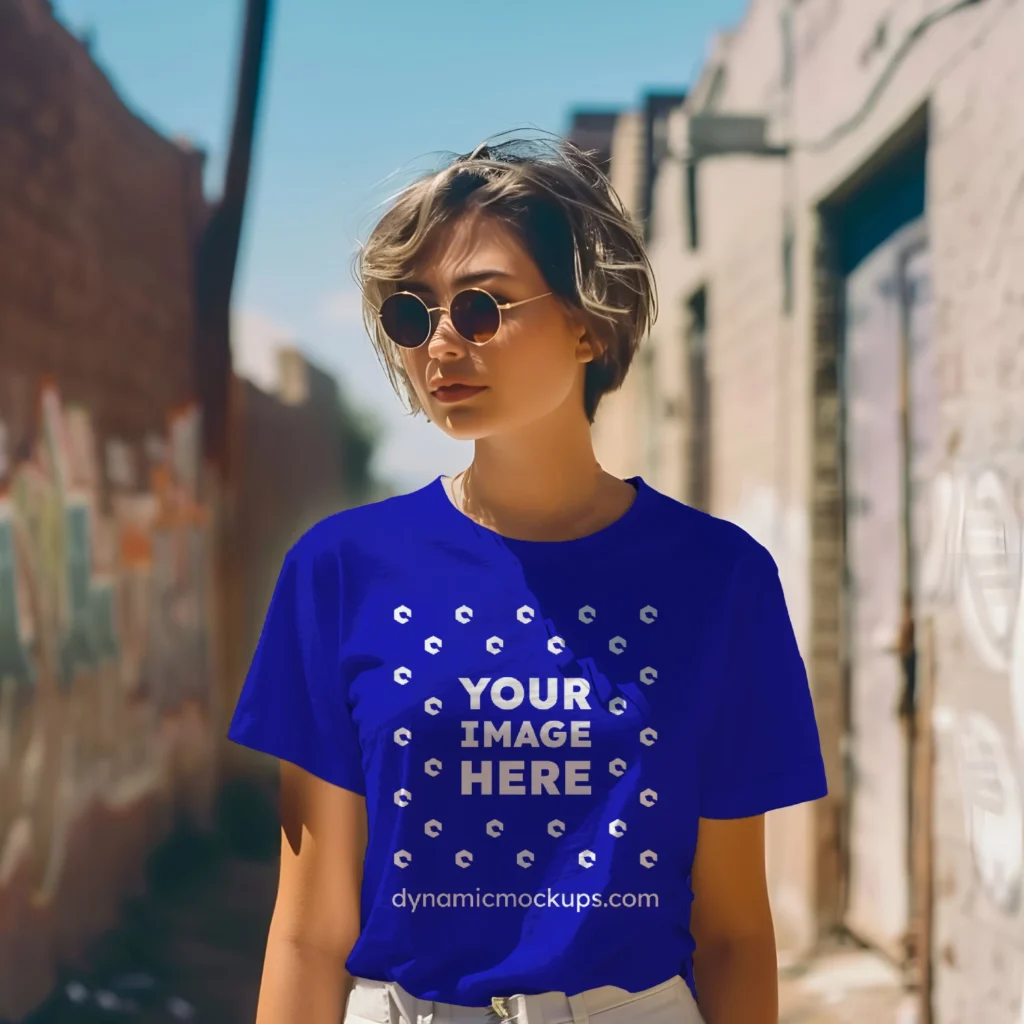 Woman Wearing Blue T-shirt Mockup Front View Template