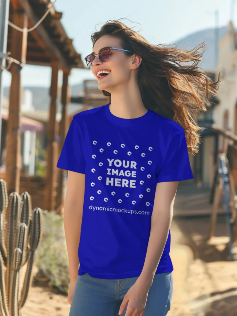 Woman Wearing Blue T-shirt Mockup Front View Template