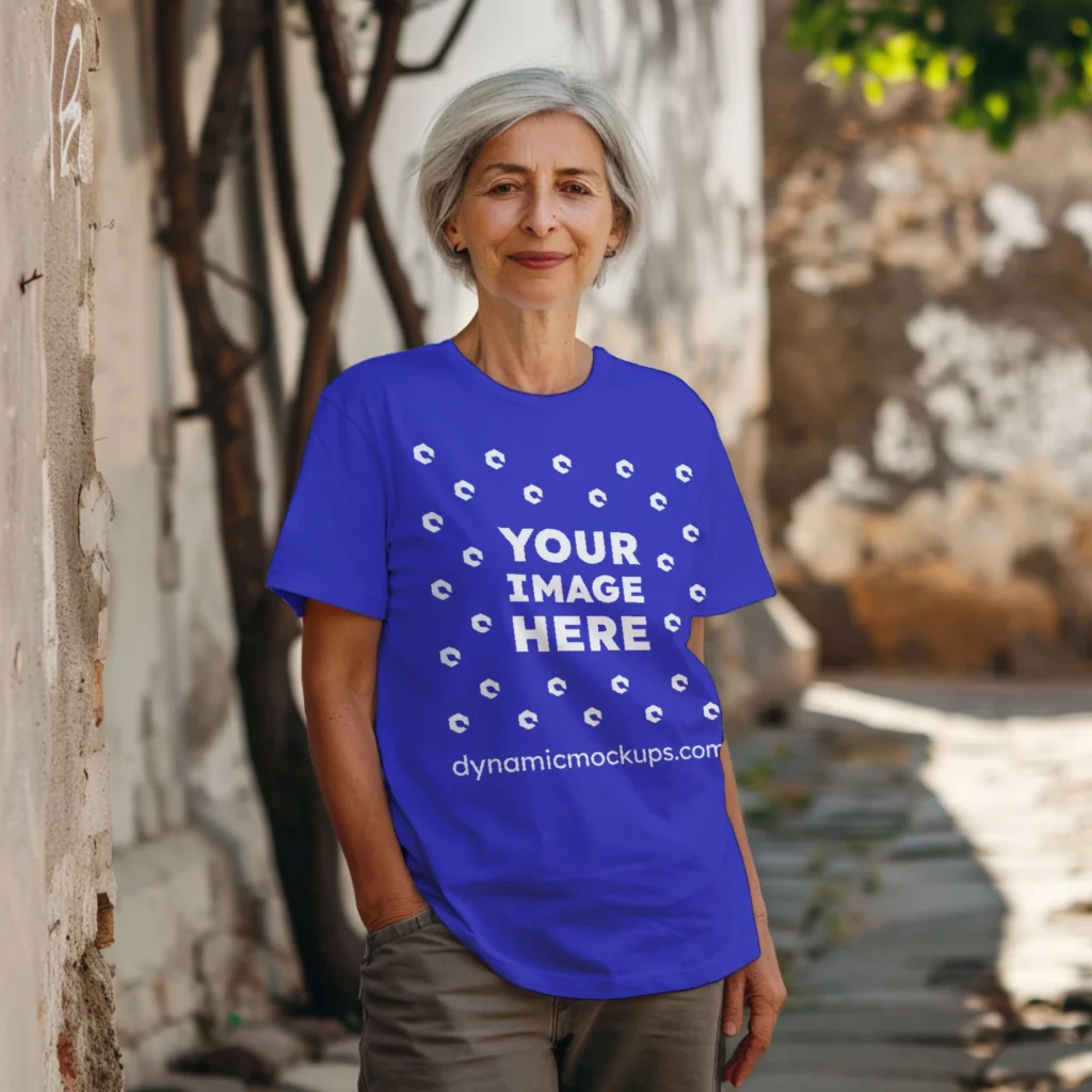 Woman Wearing Blue T-shirt Mockup Front View Template