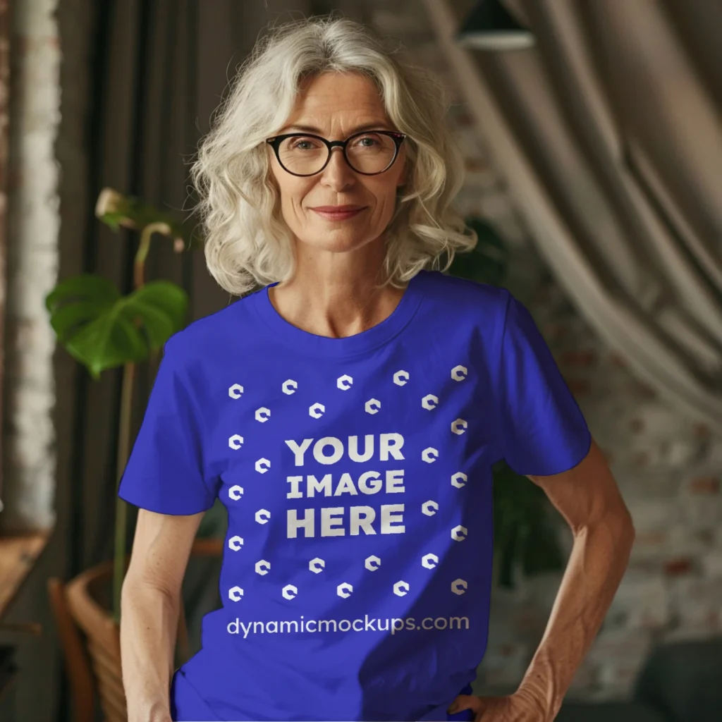 Woman Wearing Blue T-shirt Mockup Front View Template