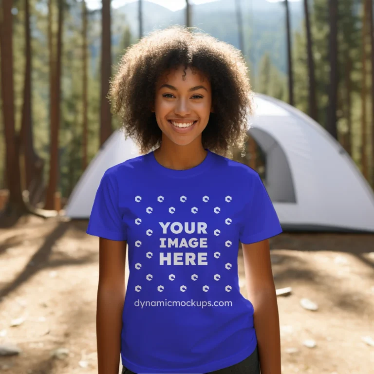 Woman Wearing Blue T-shirt Mockup Front View Template