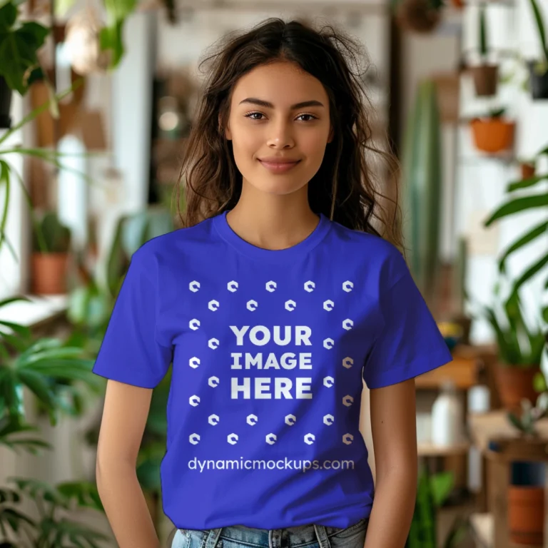 Woman Wearing Blue T-shirt Mockup Front View Template