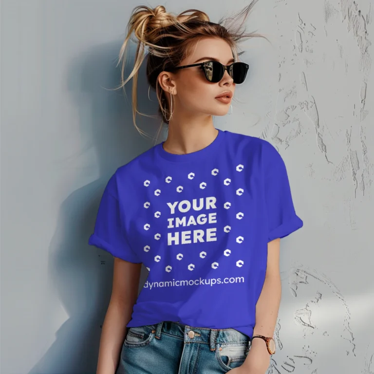 Woman Wearing Blue T-shirt Mockup Front View Template