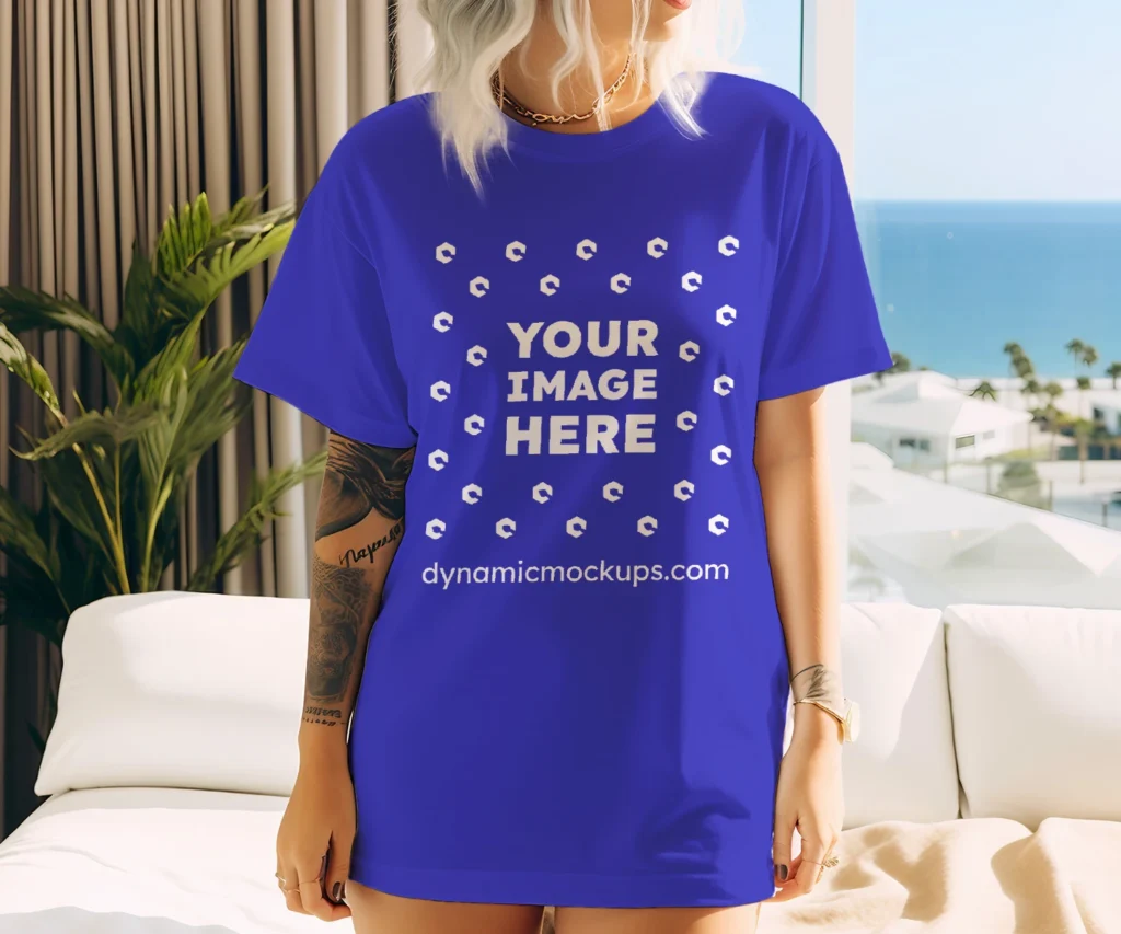 Woman Wearing Blue T-shirt Mockup Front View Template