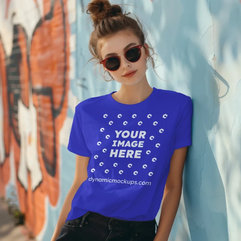 Woman Wearing Blue T-shirt Mockup Front View Template